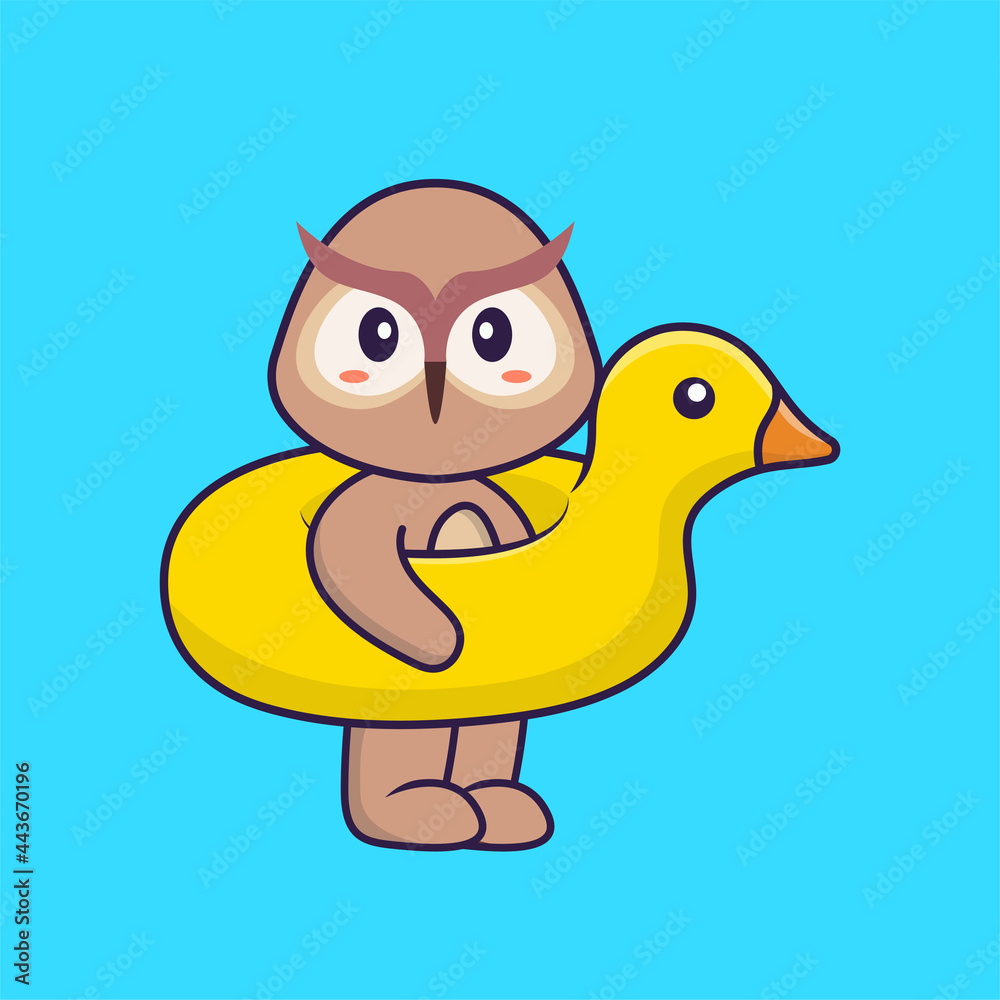 Fototapeta premium Cute owl With Duck buoy. Animal cartoon concept isolated. Can used for t-shirt, greeting card, invitation card or mascot. Flat Cartoon Style