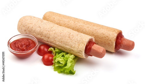 Hot dog grill with ketchup, isolated on white background.