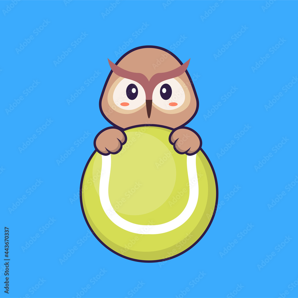 Obraz premium Cute owl playing tennis. Animal cartoon concept isolated. Can used for t-shirt, greeting card, invitation card or mascot. Flat Cartoon Style
