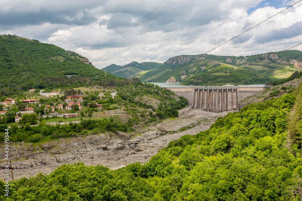 The dam wall of Studen Kladenetz water reservoir. Rhodope mountain, South Bulgaria. Partial view of 