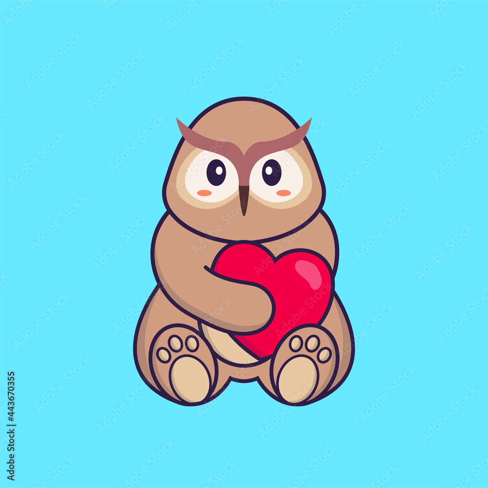 Cute owl holding a big red heart. Animal cartoon concept isolated. Can used for t-shirt, greeting card, invitation card or mascot. Flat Cartoon Style