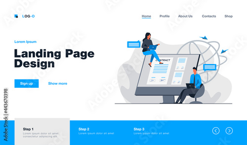 Partners signing contract online. People talking at monitor with document with signatures flat vector illustration. Internet, global business concept for banner, website design or landing web page