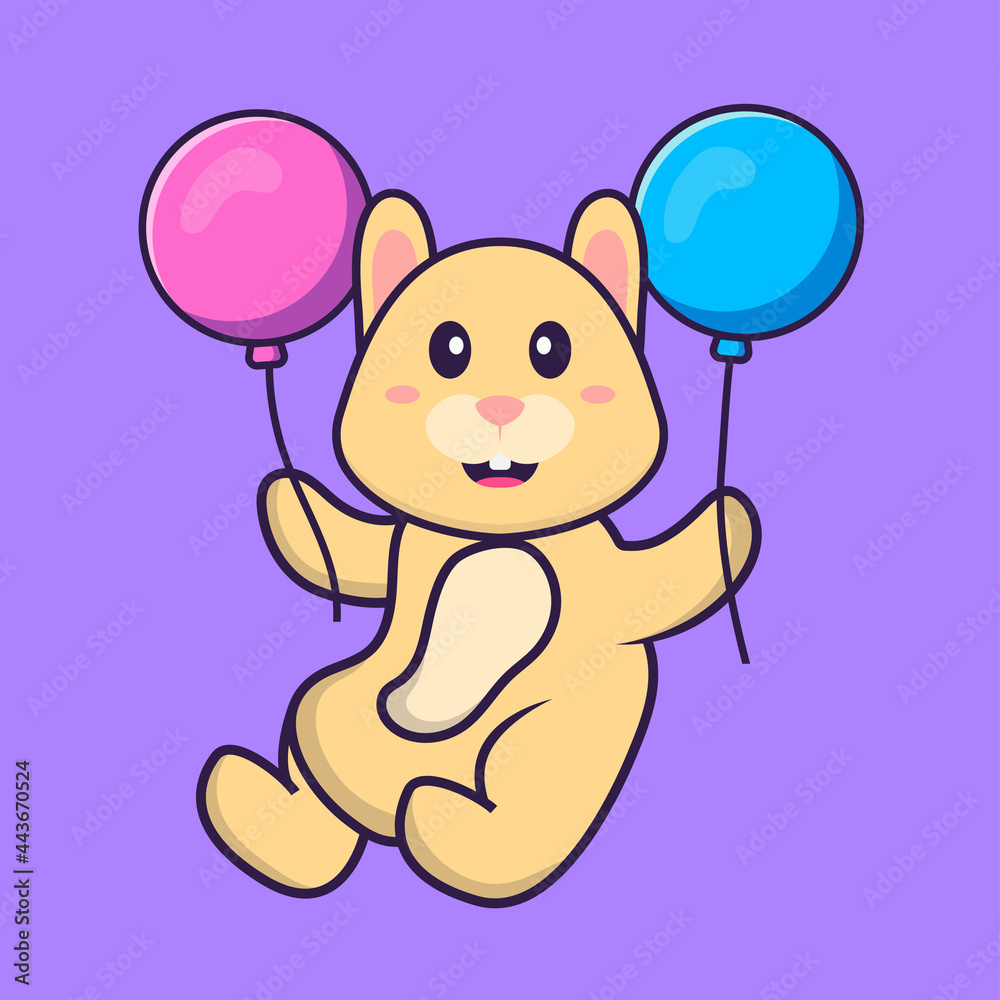Fototapeta premium Cute rabbit flying with two balloons. Animal cartoon concept isolated. Can used for t-shirt, greeting card, invitation card or mascot. Flat Cartoon Style