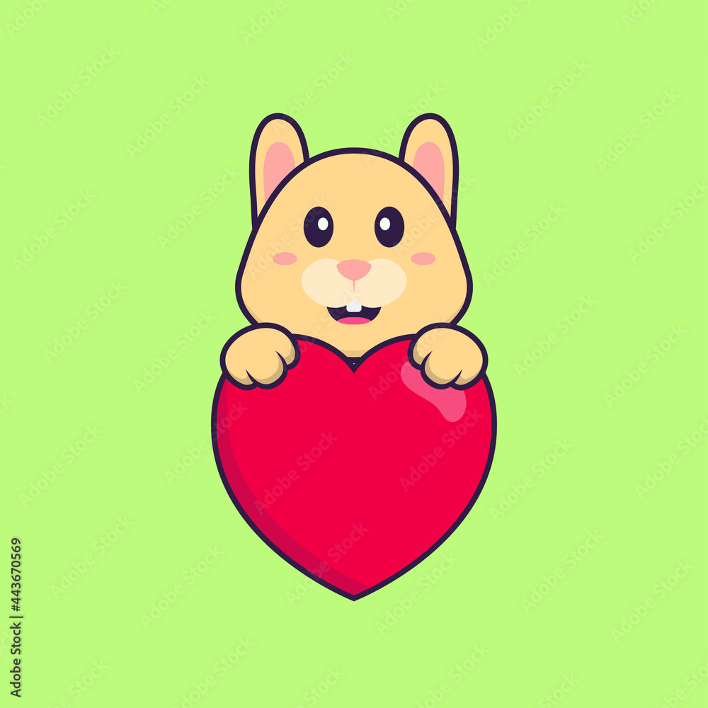 Fototapeta premium Cute rabbit holding a big red heart. Animal cartoon concept isolated. Can used for t-shirt, greeting card, invitation card or mascot. Flat Cartoon Style