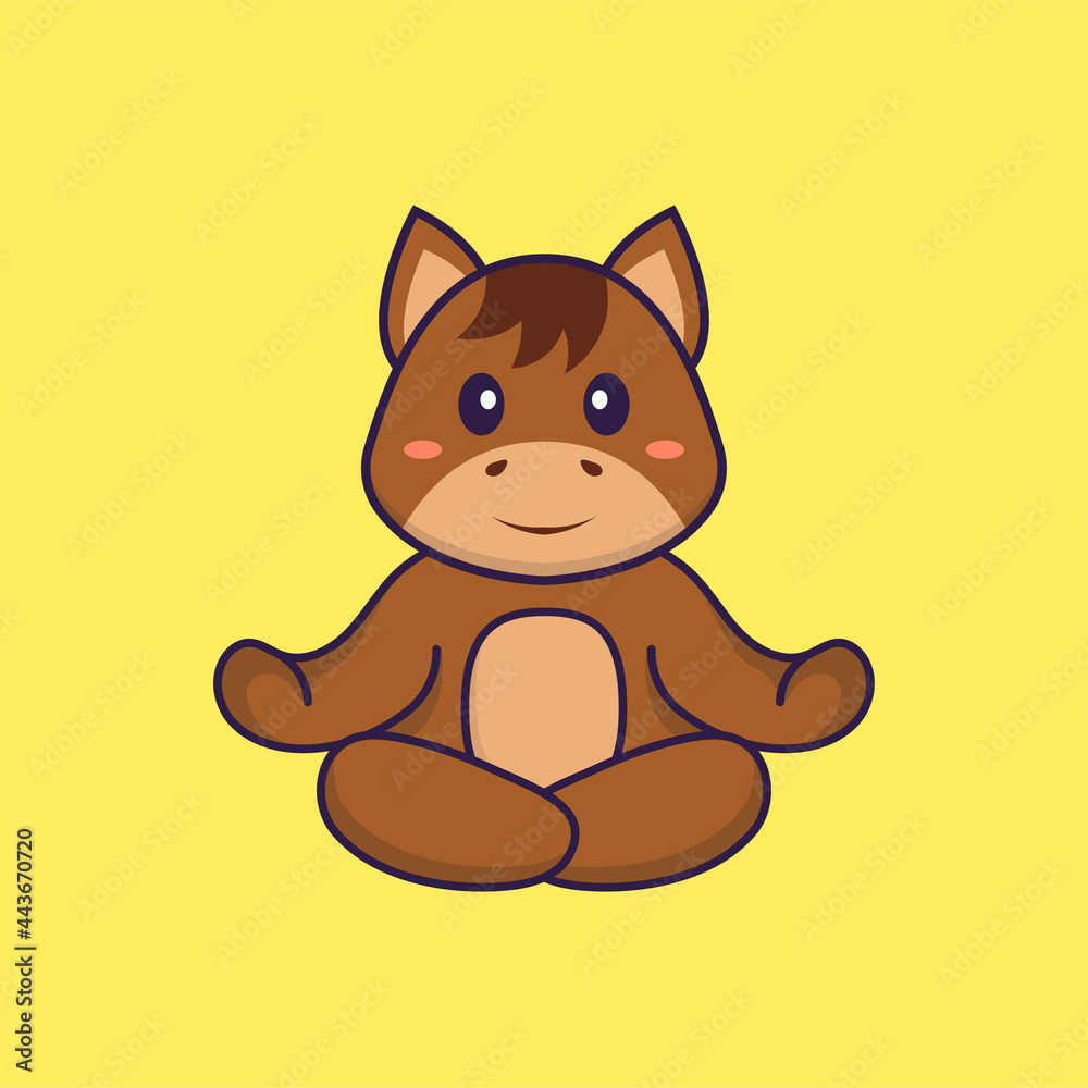 Obraz premium Cute horse is meditating or doing yoga. Animal cartoon concept isolated. Can used for t-shirt, greeting card, invitation card or mascot. Flat Cartoon Style