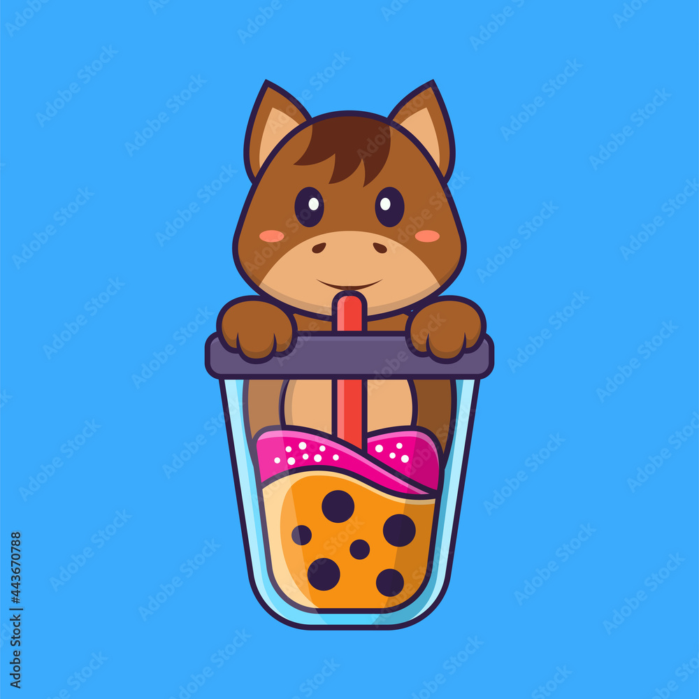 Cute horse Drinking Boba milk tea. Animal cartoon concept isolated. Can used for t-shirt, greeting card, invitation card or mascot. Flat Cartoon Style Cute horse Drinking Boba milk tea. Animal cartoon concept isolated. Can used for t-shirt, greeting card, invitation card or mascot. Flat Cartoon Style