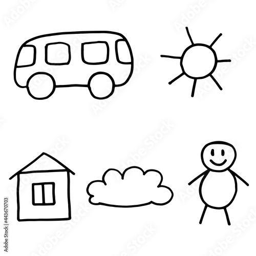Set of doodle style vector illustrations. Hand drawn icons for design or decor. Cartoon house, man, cloud, bus and sun. Prints for kids and children. Black outdrawn icons. 