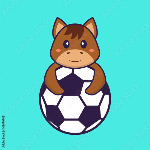 Cute horse playing soccer. Animal cartoon concept isolated. Can used for t-shirt  greeting card  invitation card or mascot. Flat Cartoon Style