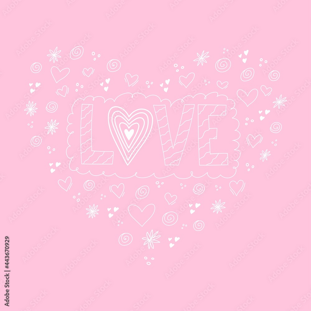 Love phrase lettering in white and pink color. Monochrome hand drawn word with heart shape.