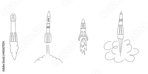 Launch of a rocket. Set of doodle vector illustrations