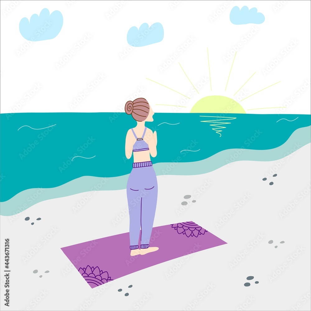 Girl practice yoga on sea shore. Surya namaskar. Colorful doodle vector illustration