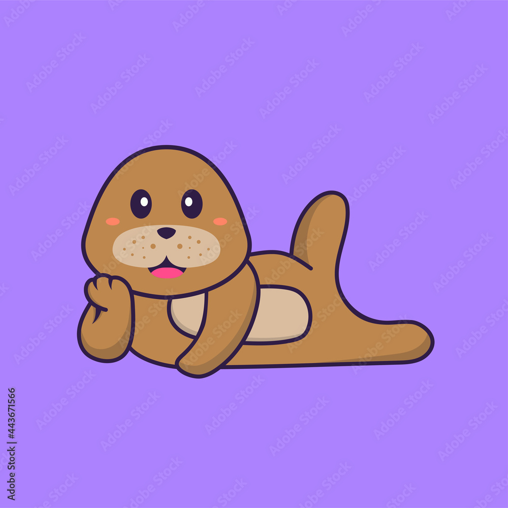 Obraz premium Cute dog lying down. Animal cartoon concept isolated. Can used for t-shirt, greeting card, invitation card or mascot. Flat Cartoon Style