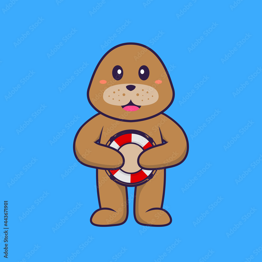 Obraz premium Cute dog holding a buoy. Animal cartoon concept isolated. Can used for t-shirt, greeting card, invitation card or mascot. Flat Cartoon Style