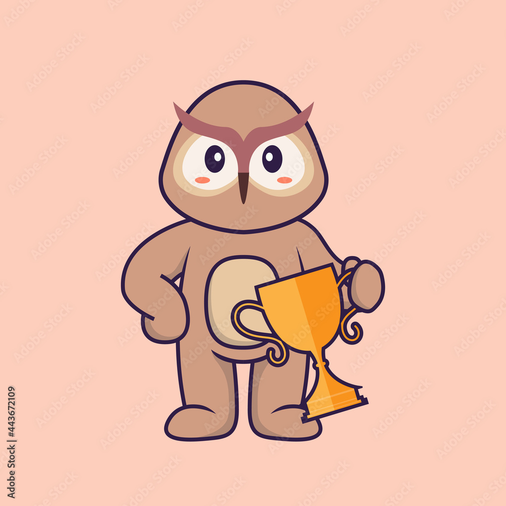 Cute owl holding gold trophy. Animal cartoon concept isolated. Can used for t-shirt, greeting card, invitation card or mascot. Flat Cartoon Style Cute owl holding gold trophy. Animal cartoon concept isolated. Can used for t-shirt, greeting card, invitation card or mascot. Flat Cartoon Style