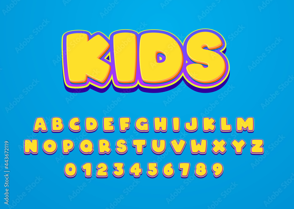 kids cartoon style font design. Custom alphabet letters and numbers for