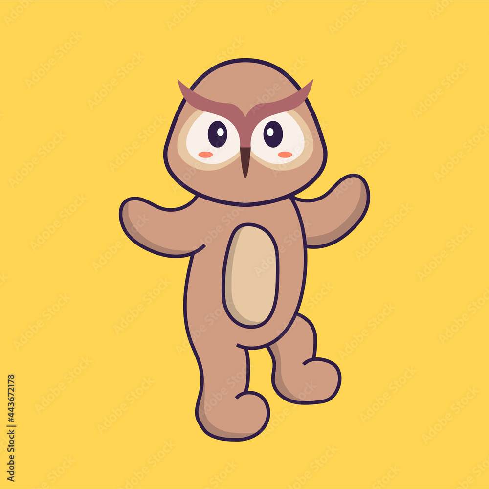 Obraz premium Cute owl is dancing. Animal cartoon concept isolated. Can used for t-shirt, greeting card, invitation card or mascot. Flat Cartoon Style