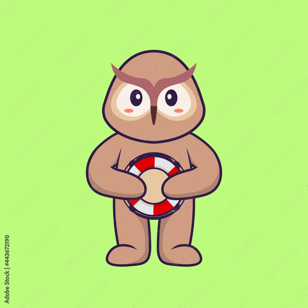 Cute owl holding a buoy. Animal cartoon concept isolated. Can used for t-shirt, greeting card, invitation card or mascot. Flat Cartoon Style Cute owl holding a buoy. Animal cartoon concept isolated. Can used for t-shirt, greeting card, invitation card or mascot. Flat Cartoon Style