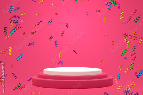 Abstract scene background with white podium on pink background, confetti and confetti for cosmetic product presentation