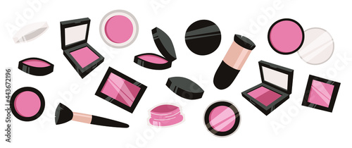 Hand Drawn Cartoon Fashion Illustration Makeup Tools Palette Blush. Vector Set Drawing Beauty Products. Art Work Collection Decorative Cosmetics