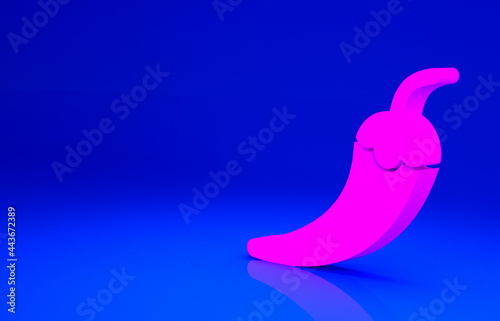 Pink Hot chili pepper pod icon isolated on blue background. Design for grocery, culinary products, seasoning and spice package, cooking book. Minimalism concept. 3d illustration 3D render