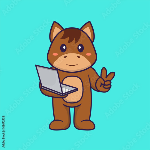 Cute horse holding laptop. Animal cartoon concept isolated. Can used for t-shirt, greeting card, invitation card or mascot. Flat Cartoon Style