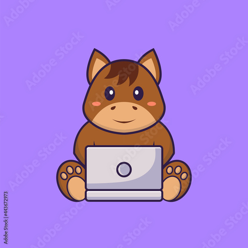 Cute horse using laptop. Animal cartoon concept isolated. Can used for t-shirt, greeting card, invitation card or mascot. Flat Cartoon Style