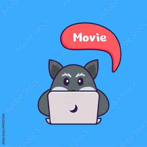 Cute fox is watching a movie. Animal cartoon concept isolated. Can used for t-shirt, greeting card, invitation card or mascot. Flat Cartoon Style