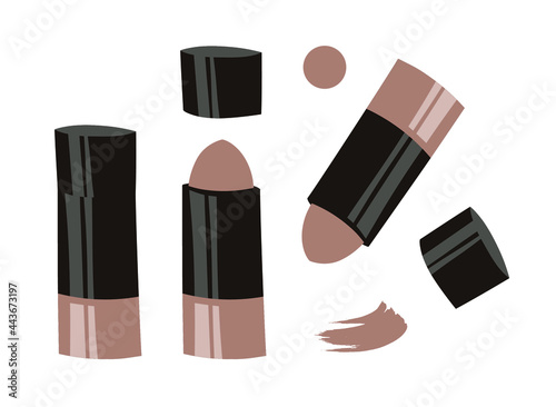 Hand Drawn Cartoon Fashion Illustration Makeup Tools Liquid Сorrector. Vector Set Drawing Beauty Products Сoncealers. Art Work Collection Decorative Cosmetics Skin Tone