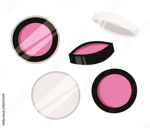 Hand Drawn Cartoon Fashion Illustration Makeup Tools Palette Blush. Vector Set Drawing Beauty Products. Art Work Collection Decorative Cosmetics