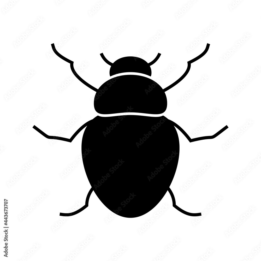 The silhouette of a beetle in black on a white background. The silhouette of a beetle in black on a white background.