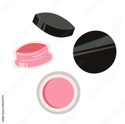 Hand Drawn Cartoon Fashion Illustration Makeup Tools Palette Blush. Vector Set Drawing Beauty Products. Art Work Collection Decorative Cosmetics