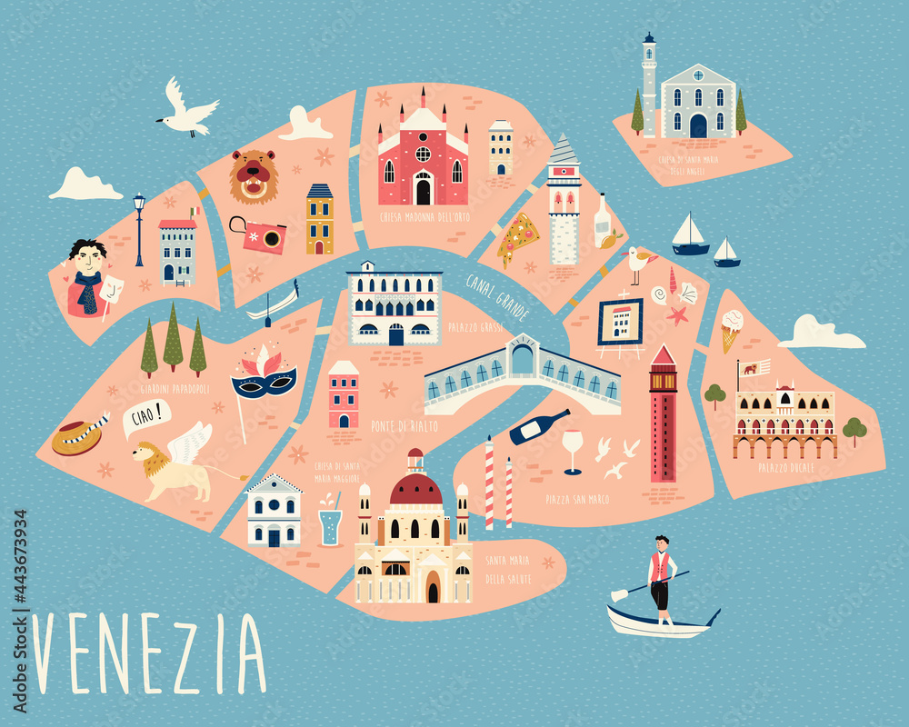 Illustrated map of Venice with famous symbols, landmarks and building.