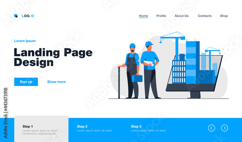 Engineers standing near big monitor with buildings. Project, crane, screen flat vector illustration. Construction and engineering concept for banner, website design or landing web page