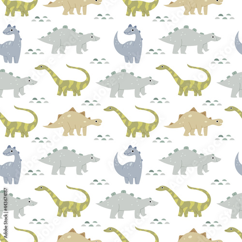 Pattern in the nursery with cute dinosaurs. Jurassic reptiles. Pastel colors. Brachiosaurus  ptereosaurus  tyrannosaurus  spinosaurus  talarus.