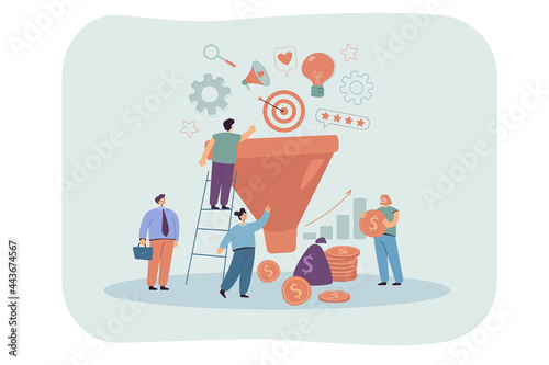Product marketing funnel flat vector illustration. Tiny people putting their resources, ideas, feedback, goals into funnel from which financial income coming out. Advertising, sale, generation concept