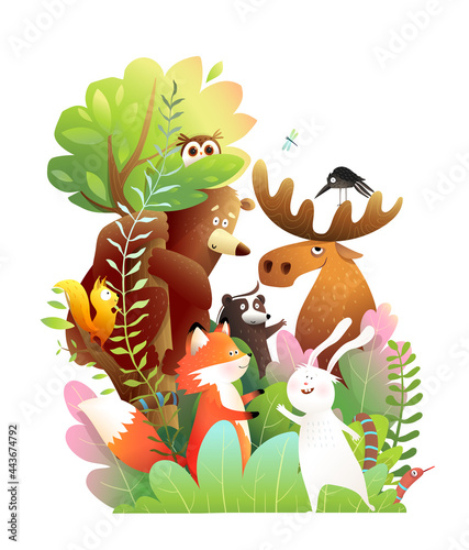 Animals of the forest together on a big tree. Bear, moose, rabbit, skunk snake and owl cute friends of the green forest. Colorful watercolor style vector cartoon for children.