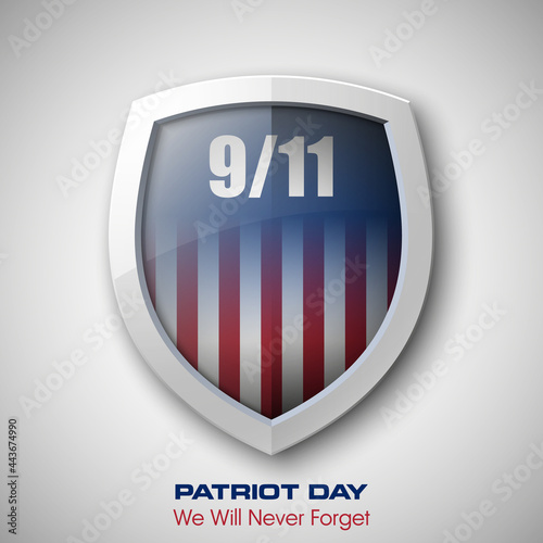 9/11 Patriot Day Poster Template, National holiday in the United States, September 11 in memory. We will never forget. America Shield with Flag Background. illustration for Patriot Day