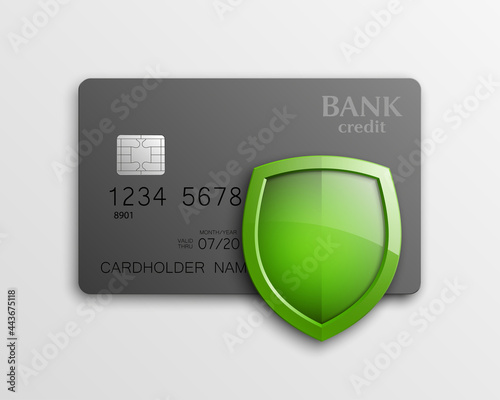 Protection shield Credit card. Safety badge banking icon. Defense safeguard finans icon. Security Plastic card software. Debit card guard electromagnetic chip. Privacy Electronic money funds transfer.