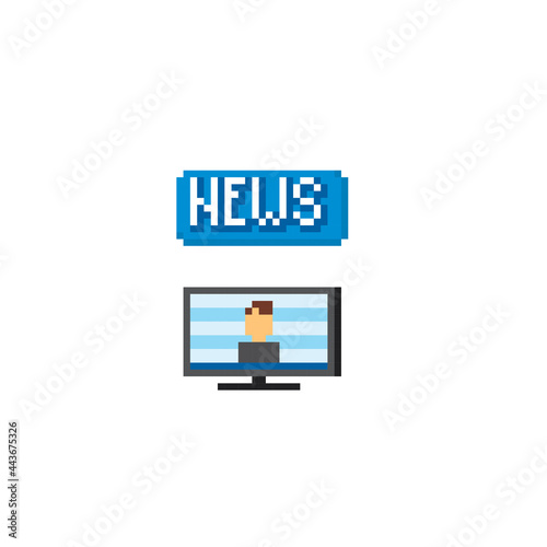 TV news presenter. Pixel art. Old school computer graphic. 8 bit video game. Game assets 8-bit sprite. 16-bit.
