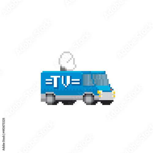 TV crew van. Pixel art. Old school computer graphic. 8 bit video game. Game assets 8-bit sprite. 16-bit.