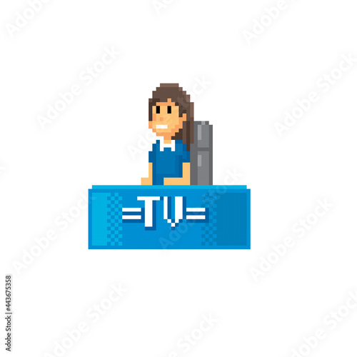 TV news presenter. Pixel art. Old school computer graphic. 8 bit video game. Game assets 8-bit sprite. 16-bit.