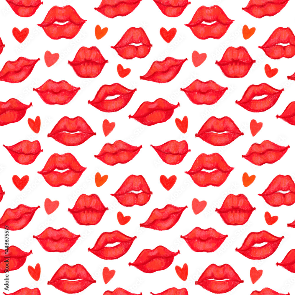 Fototapeta premium Hand draw crayons seamless pattern. Grunge stamps illustration. Lips, kiss, heart doodles collection. Symbol of love. Isolated on white background. Wedding or Valentine's template. Romantic design.