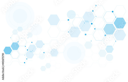 Geometric abstract background with blue hexagons. Structure molecule and communication. Science, technology and medical concept. Vector illustration