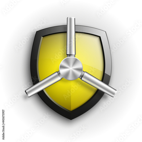 Protection guard shield concept with safety handwheel. Safety badge helm icon. Privacy Safe door handle banner. Security bright label. Presentation shining sticker shield shape. Defense safeguard sign