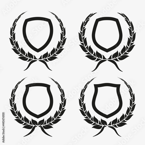 Protect guard shield wreath concept. Outline shield badge. Safety icon set. Privacy banner kit. Security label. Flat style protect garland sticker symbol shape. Safeguard simple sign wreath pictogram