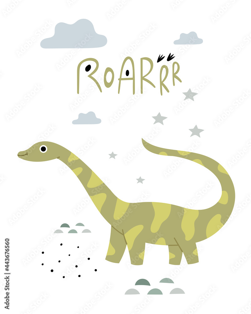 Children's poster with a brachiosaurus. Cute book illustration of a dinosaur.Jurassic reptiles.Roar lettering.