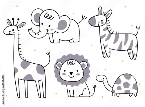 Set of animals in doodle styles. Elephant, giraffe, lion, turtle, zebra. African animals for a children's book. A simple illustration in the Scandinavian style.