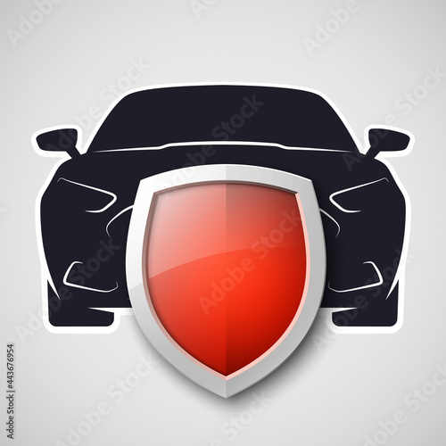 Protect car guard shield. Safety badge vehicle icon. Privacy automobile banner shield. Security auto label. Defense motor car. Defense safeguard shield motor vehicle. Car alarm system. Auto insurance