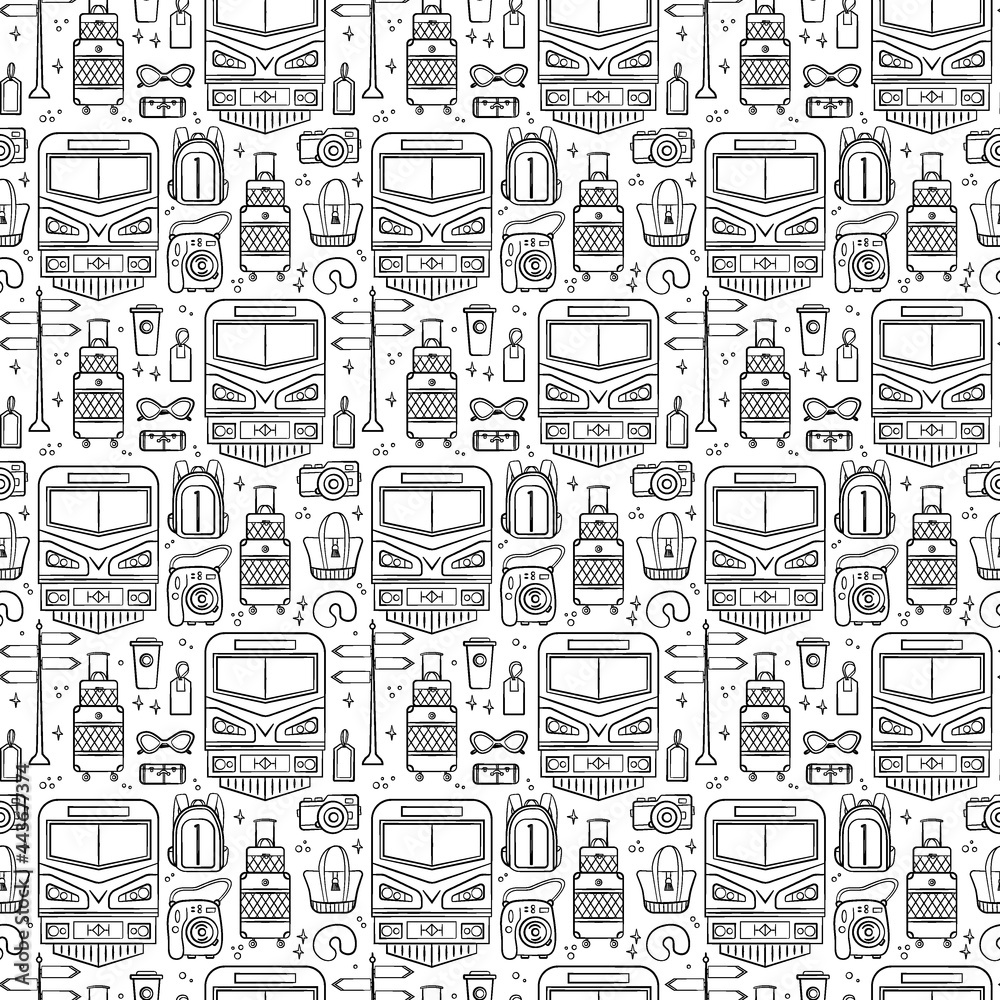 Travel and vacation seamless pattern with travel elements. Seamless pattern for design, posters, backgrounds vacation and trip theme. Train, suitcase and bag in line style.