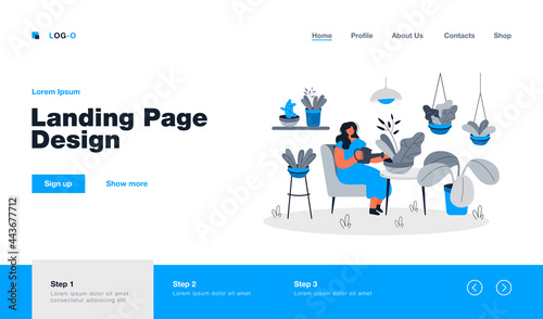 Happy relaxed woman taking care about houseplants in home garden, watering plant in pot. Flat vector illustration for cozy home decoration, greenhouse gardener, growing plants, hobby concept